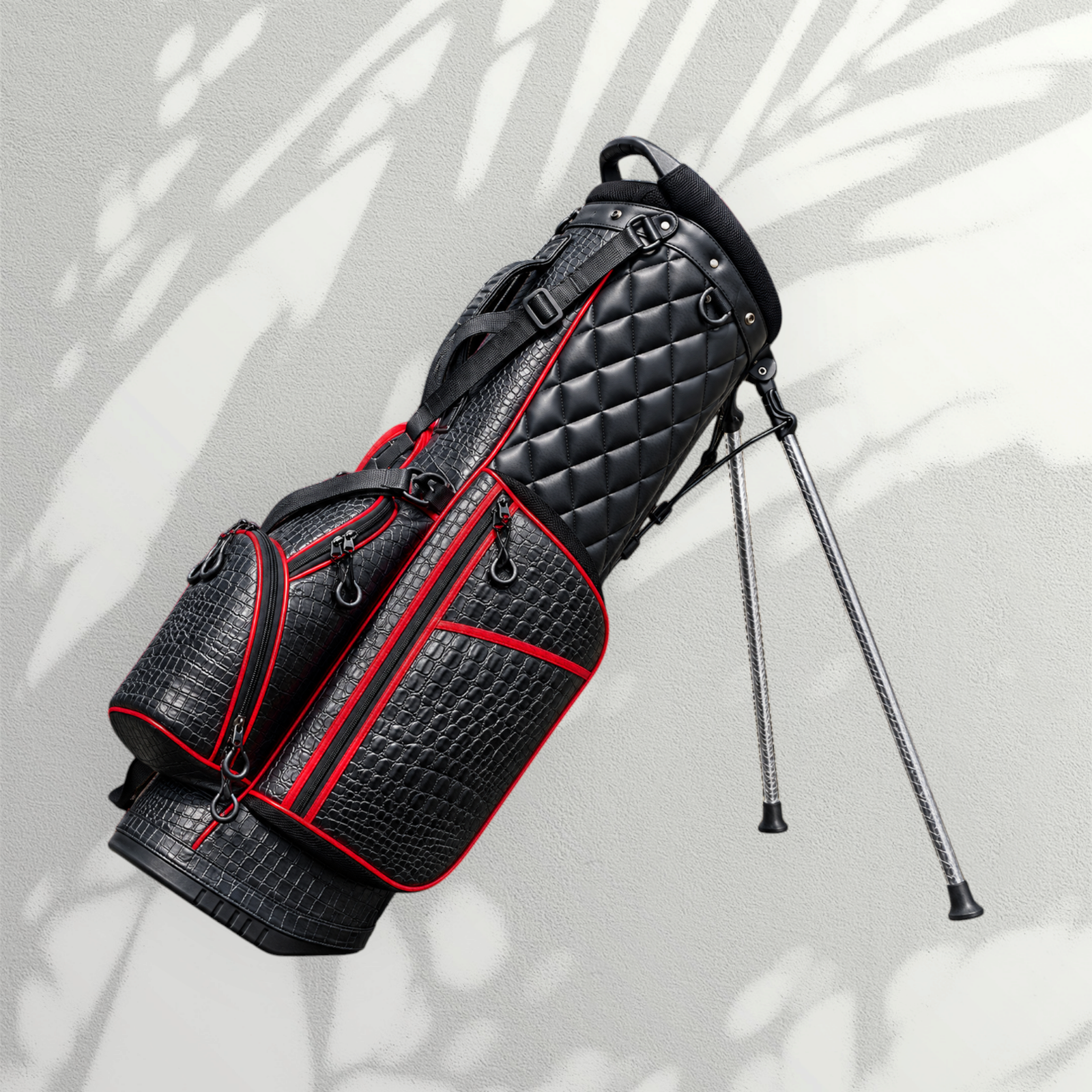 Black Croc Embossed Golf Stand Bag with Red Piping